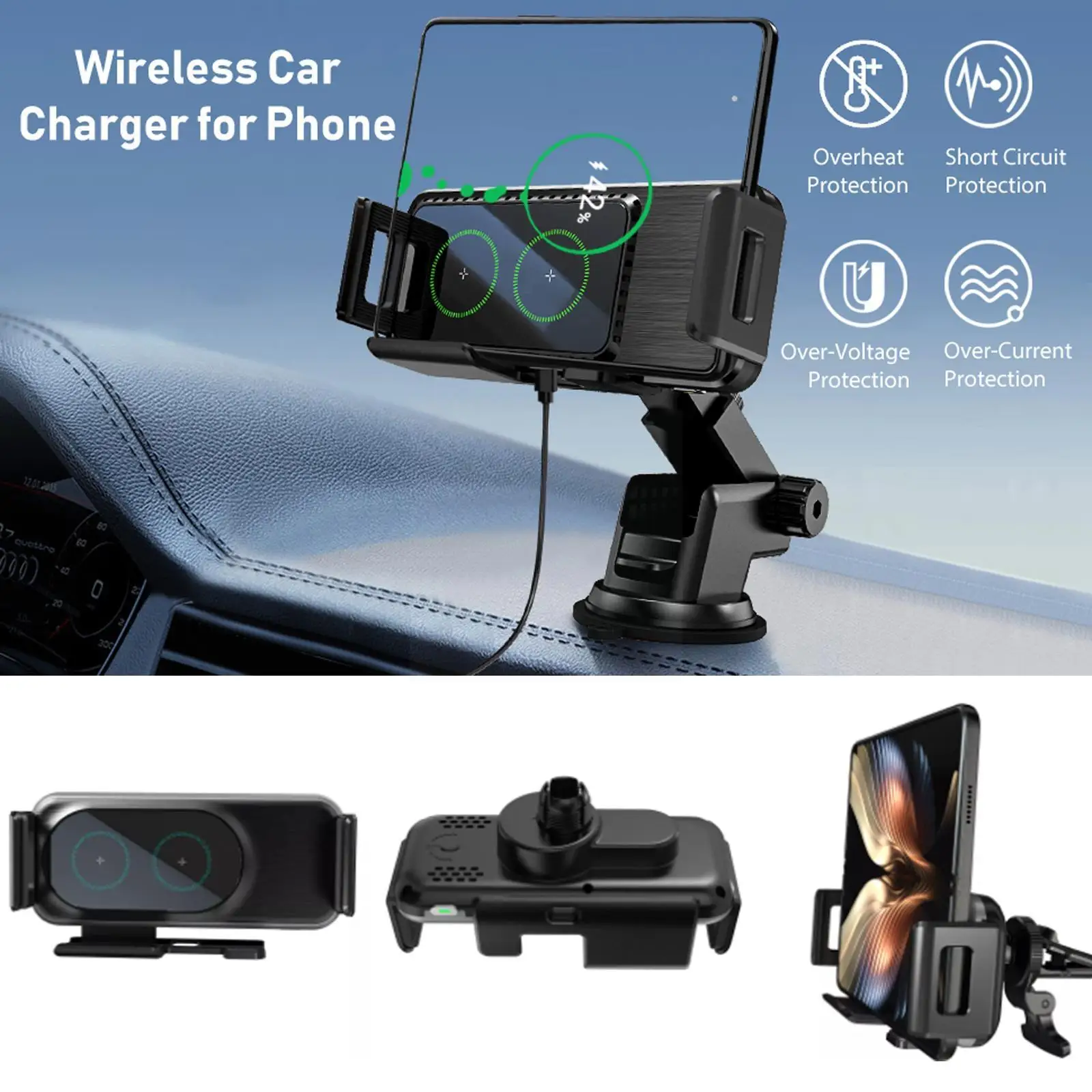 Wireless Car Charger for Galaxy Z Fold 3/Z Flip 3/S22 Ultra/iPhone Car Cell Phone Holder Mount Dashboard Air Vent Windshiel O9U3