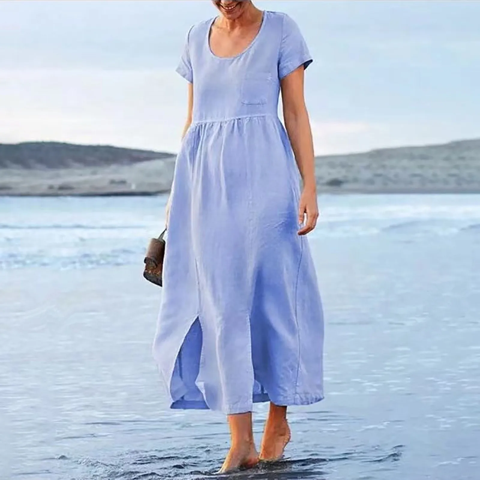 

Womens Casual High Slit Midi Dress Short Sleeve Crewneck Solid Tee Dress