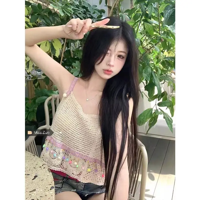 

New vacation style tassel hollowed out hook flower design with a sense of caution, machine display, thin short tank top, and sus