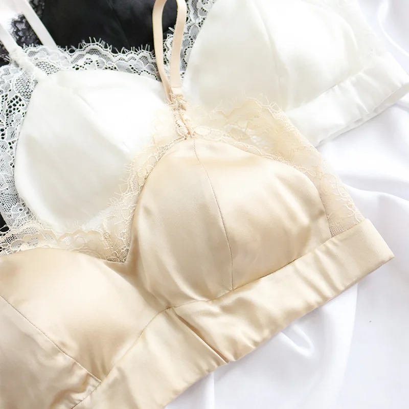 Flame of dream Silk Triangle Cup Bra Mulberry Silk Breathable Solid  Smooth French Underwear Summer Thin Lace Sexy bra 22818