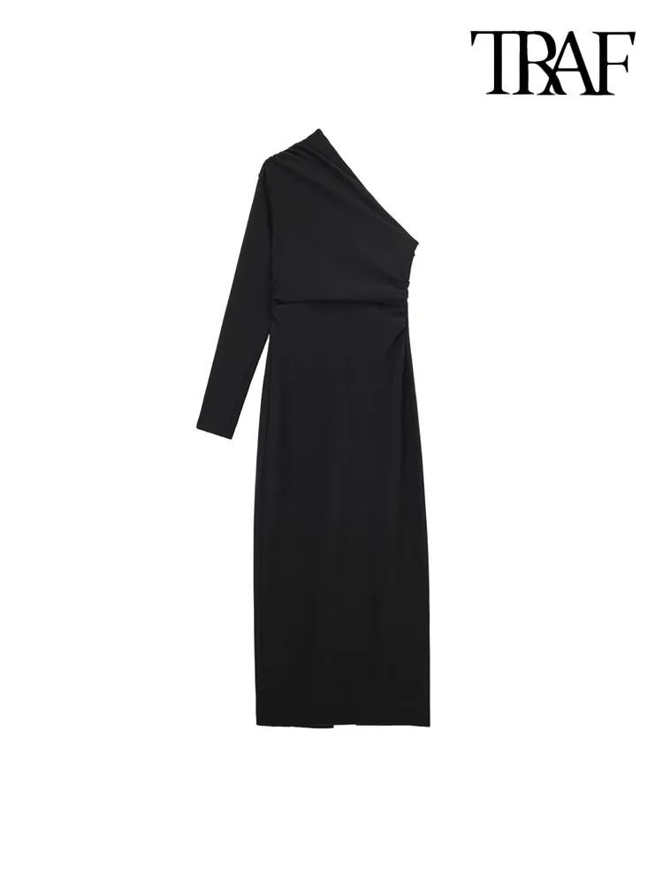 

TRAF Women Fashion With Ruched Asymmetric Stretch Midi Dress Vintage Open Shoulder Long Sleeve Female Dresses Vestidos Mujer