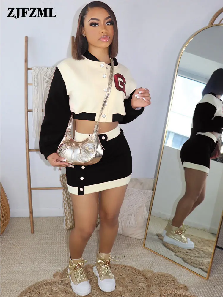 

Preppy Style Colorblock 2 Piece Skirt Sets for Girls Letter Print Full Sleeve Baseball Jackets + Button Up Sheath Mini Bottoms