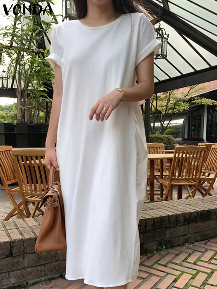 

Casual Shirt Dress 2022 VONDA Women Casual Short Sleeve Solid Loose Party Dress Autumn Pleated Party Long Sundress Femininas