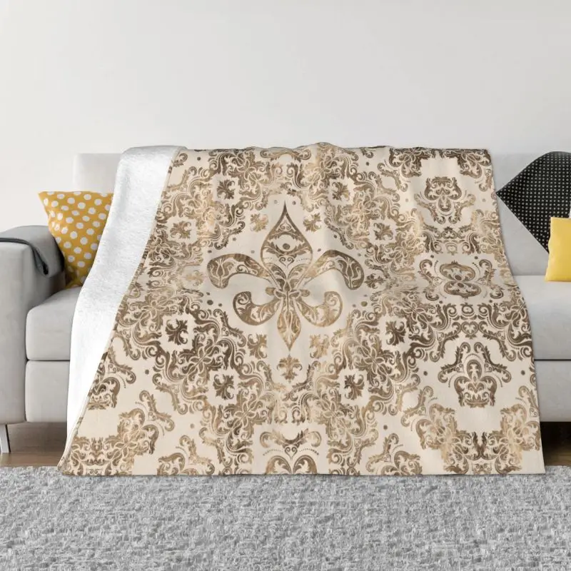 

Fleur De Lis Lily Flower Ornament Pastel Gold Blanket Fleece Flannel Sacred Ancient Symbol Throw Blankets Sofa Bedding Bedspread