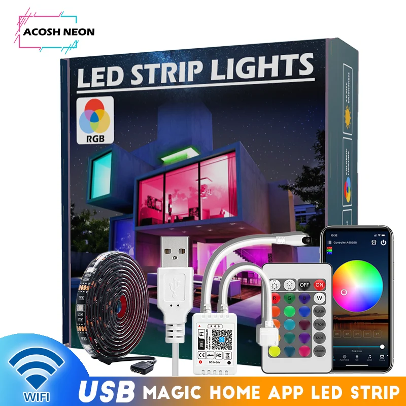 5V 5M RGB LED Strip Light Music Sync 16.4ft, USB Powered Waterproof LED Light Strip with 24 Keys Remote work with Alexa Google