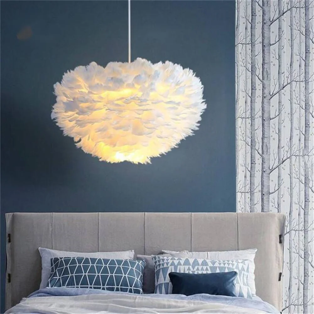 

Modern Design White Goose Feather Pendant Lamp E27 Lamp Holder Fairy Hanging Lamp Bedroom Dining Room Chandelier Ceiling Light