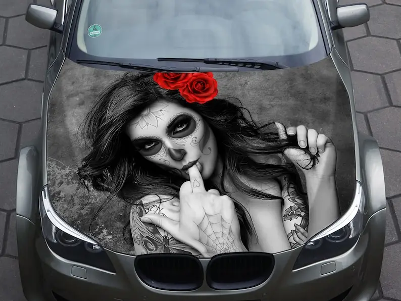 

Car hood wrap decal, girl, sugar skull, skull art, vinyl, sticker, day of the dead, truck graphic, bonnet wrap decal, f150,
