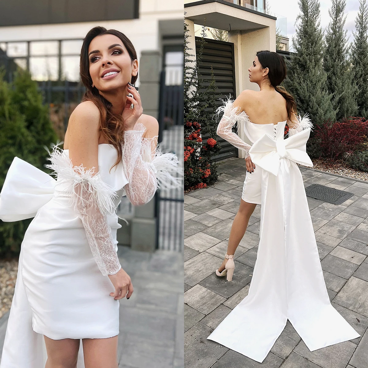 

Chic Satin Mermaid Wedding Dress Sweetheart Neck Removable Long Sleeve Lace Bridal Gowns vestido de casamento