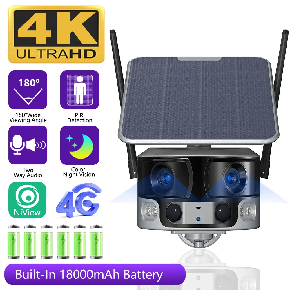 

DE VOCCVO 4K 180° Ultra Wide View Angle 4G Solar Security Camera Outdoor WIFI 4X Zoom Dual Lens PIR Human Detection CCTV Camera