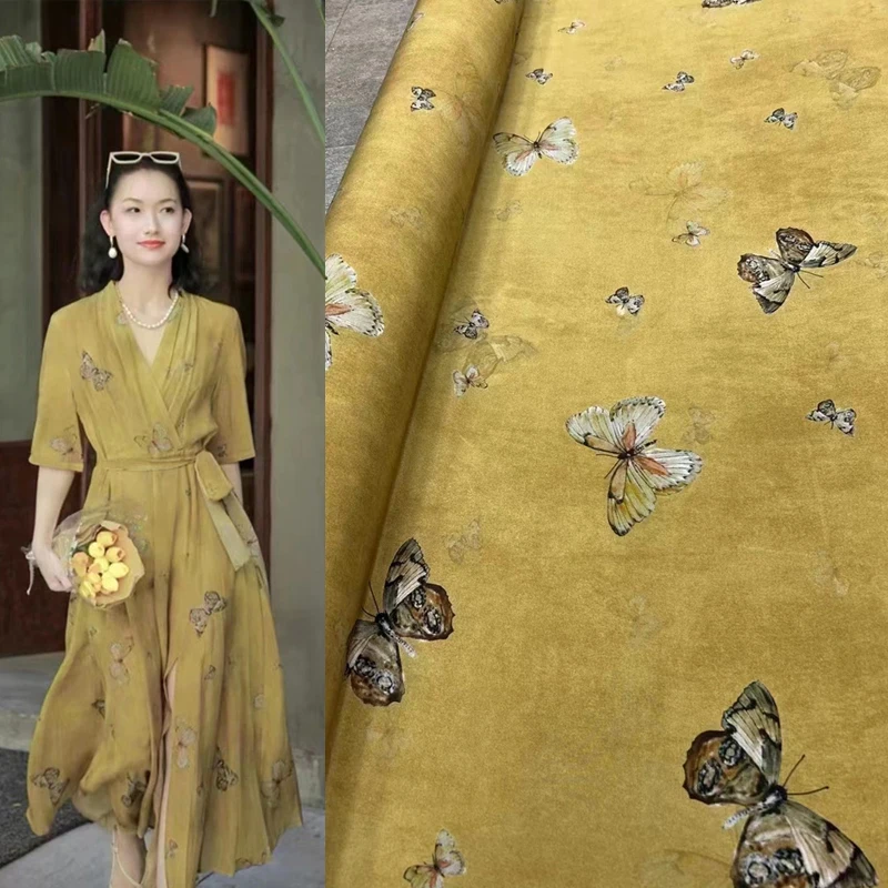 

Classic Haute Couture Summer Season Burnt Yellow Bottom Butterfly Print Stretch Crepe De Chine Silk Fabric Dress Clothing Fabric