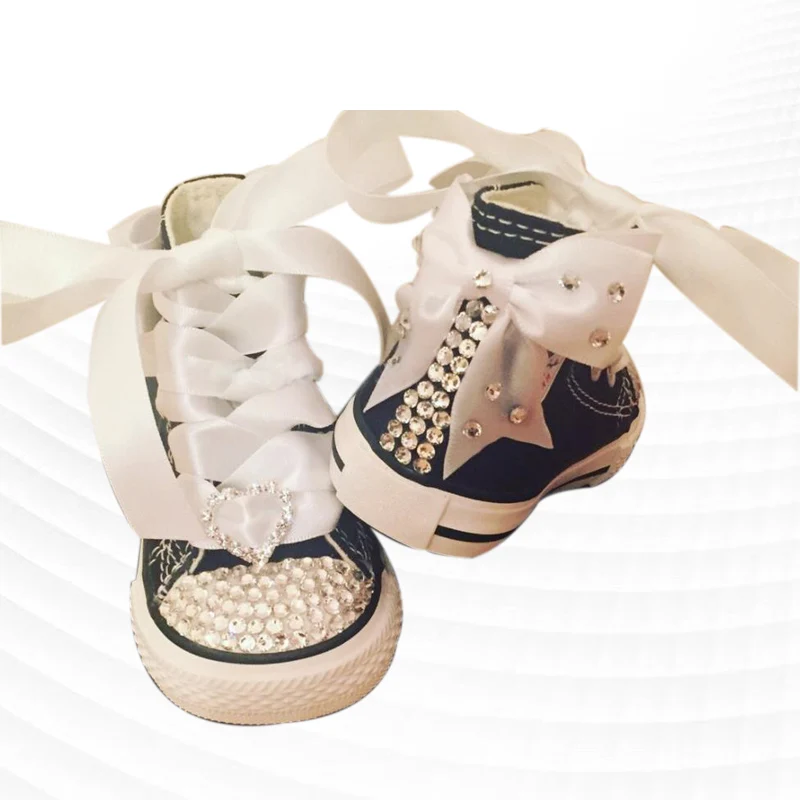 

High-Top Canvas Shoes Pearl Rhinestone White Ribbon Walking Comfort Shoes Handmade Rhinestone Unisex Vulcanized Shoes 35-46