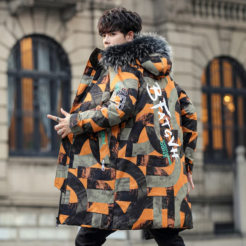 2022 New Mens Winter Mid-Length Cotton-Padded Jackets Outwear Casual Camouflage Parkas Hooded Long Coats Thick Warm Youth Tops