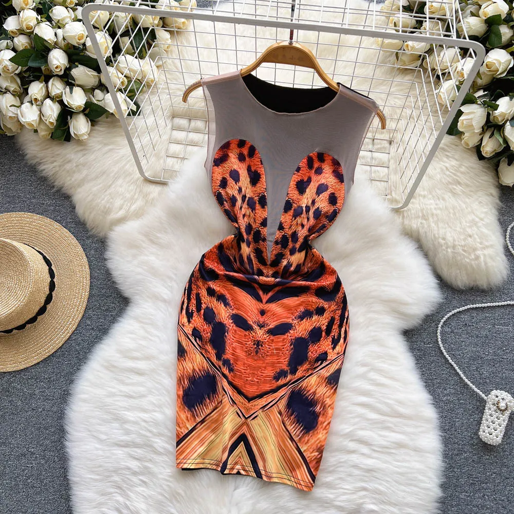 

Amolapha Women Europe And America Leopard Print Contrast Color Sleeveless Vest Dress Vestidos