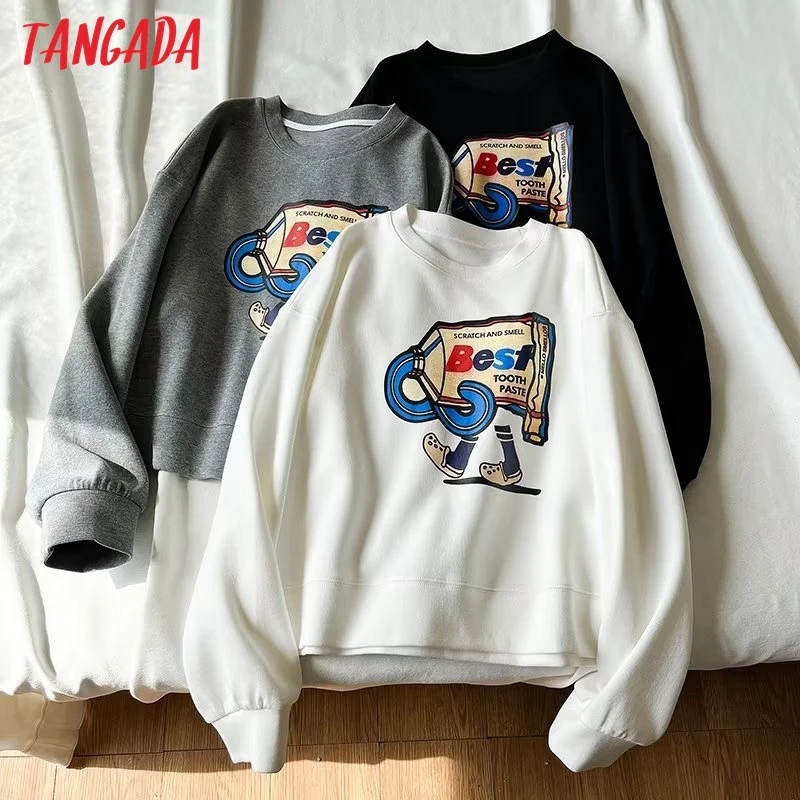 

Tangada 2023 Spring Women Print Fleece Sweatshirts Oversize Long Sleeve O Neck Loose Pullovers XLJ100