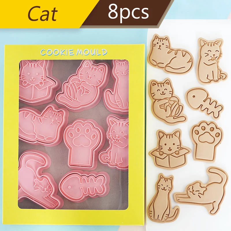 

8Pcs/set Cat Cookie Cutters Plastic 3D Cartoon Pressable Biscuit Mold Cookie Stamp Kitchen Baking Pastry Bakeware Tool