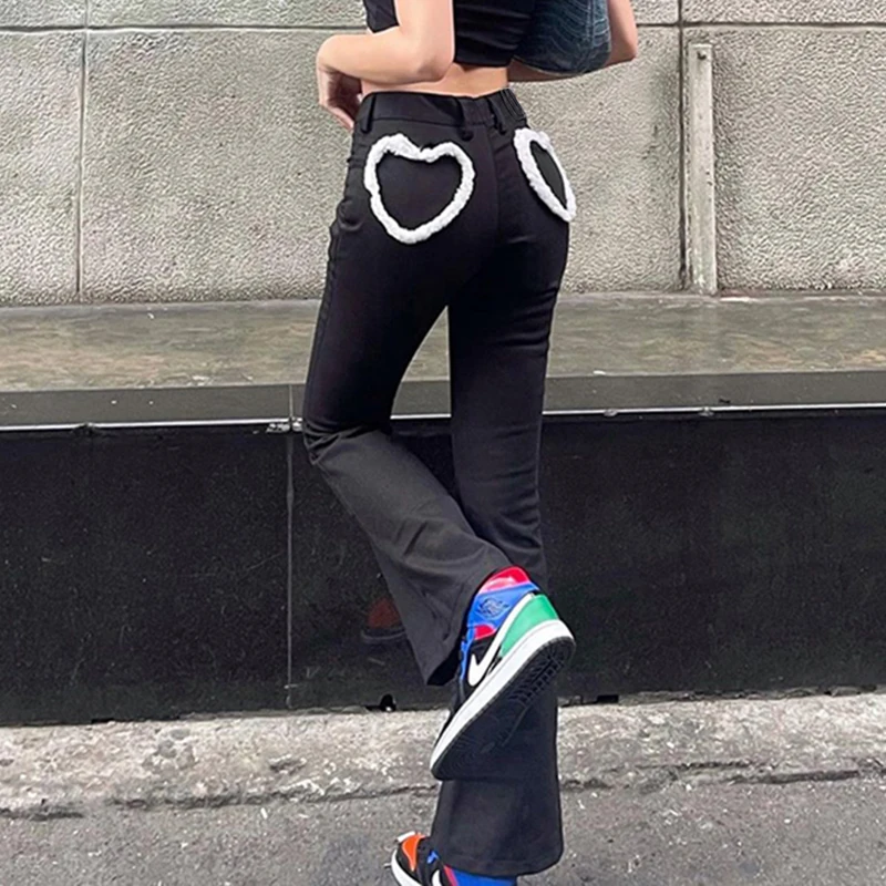 

WeiYao Black Low Waist Casual Straight Pants Women Heart Shape Chic Fashion Y2K Streetwear Vintage Brown Korean Sweatpants