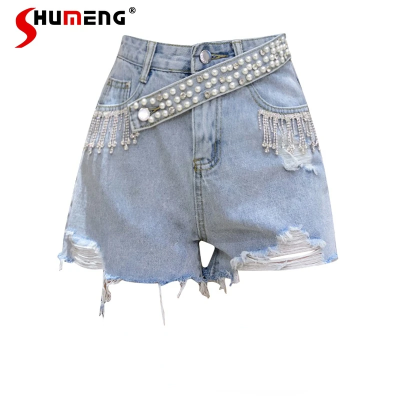 

Chain Beaded Pearl Diamond Ripped Burr Denim Shorts Women 2022 Spring Summer Fashion Streetwear High Waist Wide Leg Short Pants