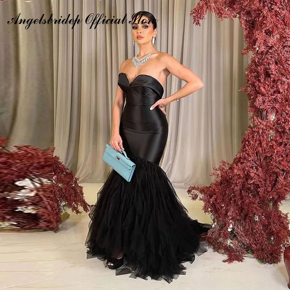 

Angelsbridep Black Mermaid Evening Dresses 2022 Sweetheart Satin Tulle Skirt Prom Gowns Saudi Arabic Women Formal Party Dress