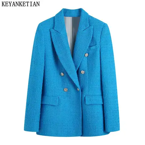 Женский двубортный твидовый Блейзер KEYANKETIAN ZA, текстурированный синий пиджак с длинным рукавом, элегантный пиджак для весны