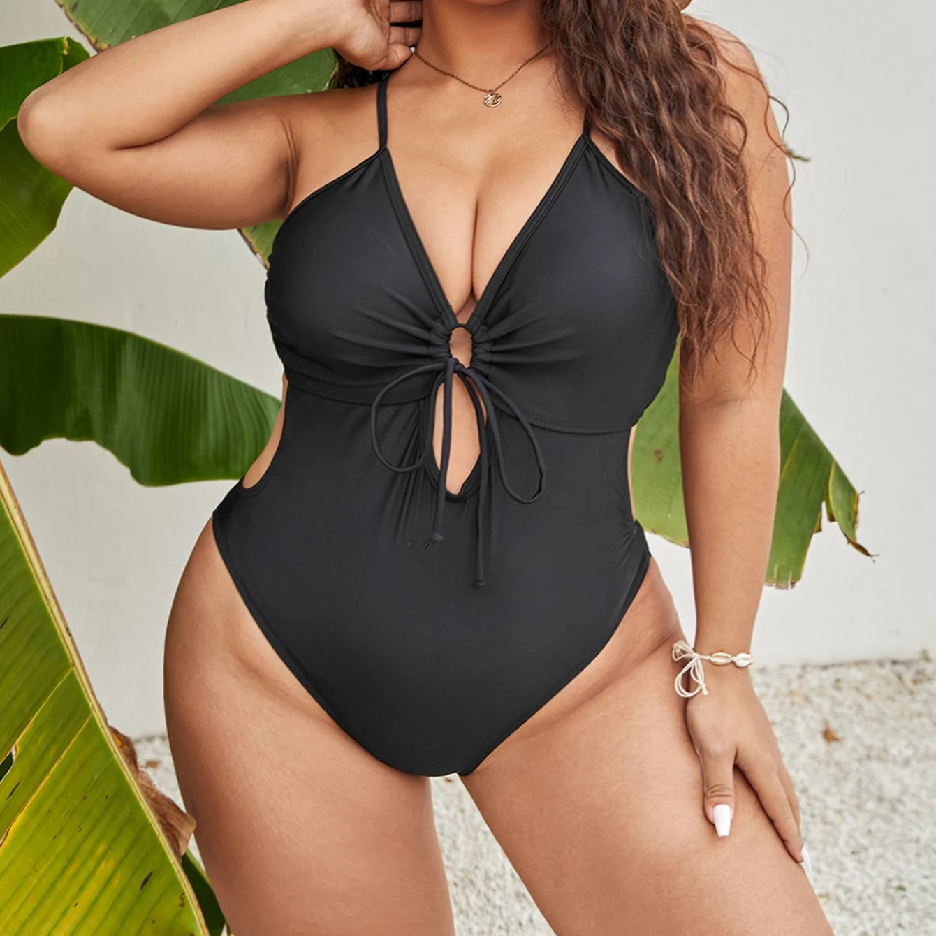 

Plus Size One Piece Swimsuit Woman 2022 Fashion Hole Deep V Neck High Cut Sexy Bikinis Black Beach Swimwear