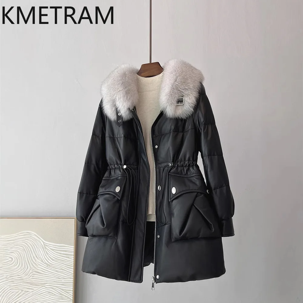 Фото Пуховики из 100% овчины, женские свободные черные куртки-пуховики из натуральной кожи с воротником из лисьего меха, зимняя одежда, женская одежда 2025 пуховик №2