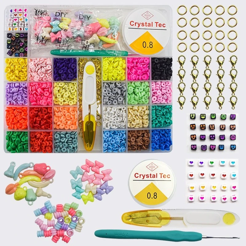 

6mm Flat Round Polymer Clay Spacer Beads Kit Charms Elastic String Lobster Clasp Box for Jewelry Making DIY Bracelet Earring Set