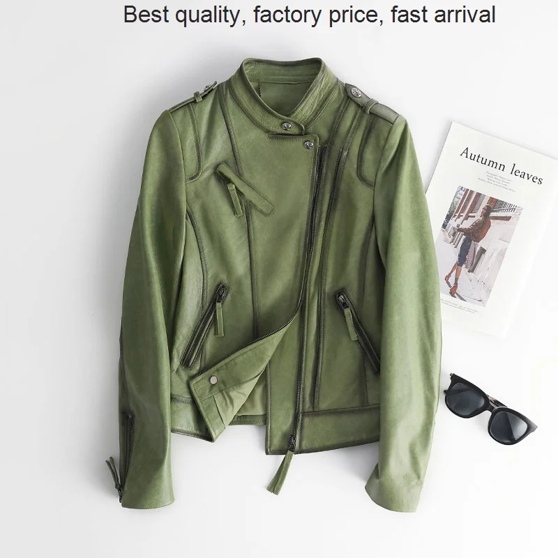 High quality luxury brand 2023 Haining New Jacket Stand Collar Short Korean Slim Fit Leather Coat Women's Wear