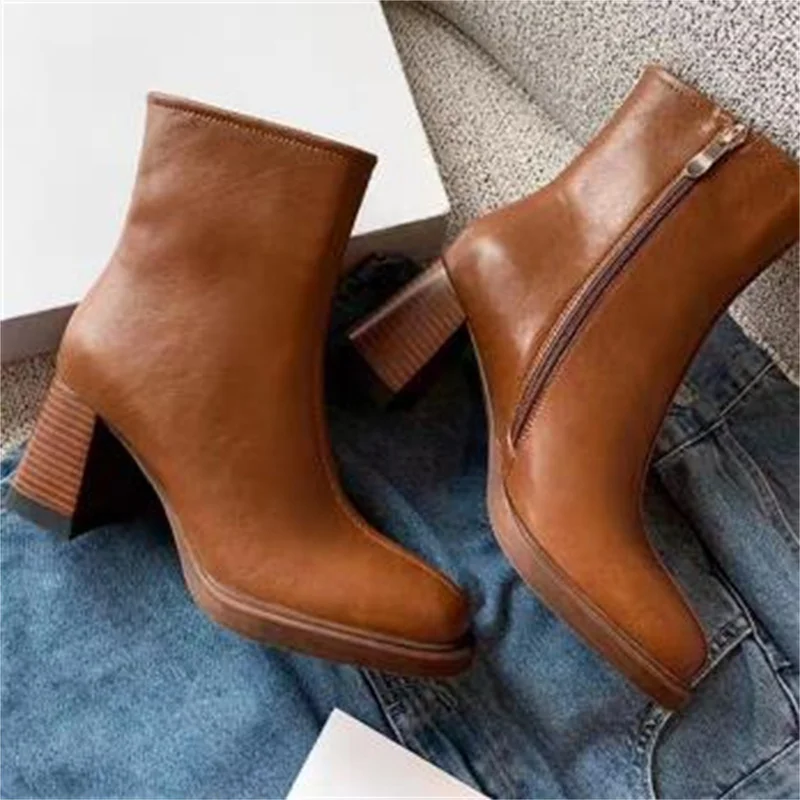 

Женские ботинки с круглым носком, прочные кожаные сапоги с молнией сбоку, на высоком каблуке