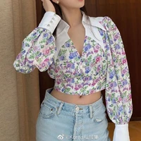 women cottagecore short floral deep v neck french puff sleeve stitching flower shirt top female 2021 spring and autumn new