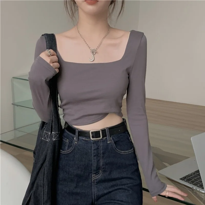 

2023 Summer New Long-sleeved T-shirt Women's Square Neck Design Spicy Short French Tight-fitting Tops