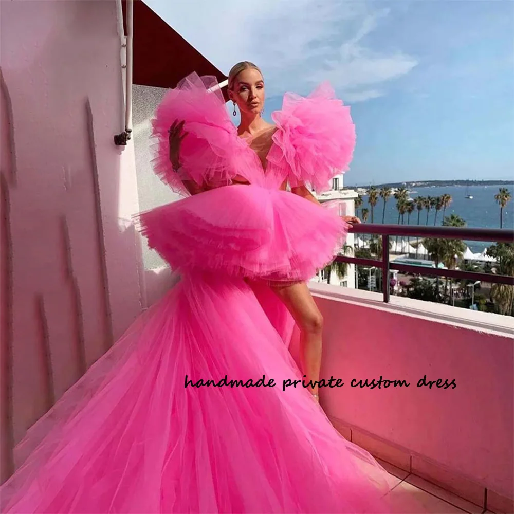 

Hot Pink Tulle High Low Prom Party Dresses Sexy Cut Out Tiered Long Celebrate Evening Dress 2023 Customized Event Pageant Gowns