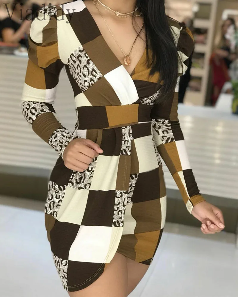 

Women Elegant Print Puff Sleeve Bodycon Dress