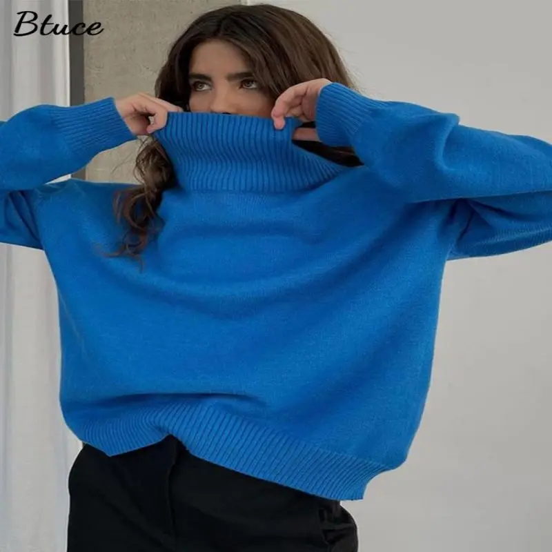 

Women Turtleneck Solid Basic Oversized Sweaters Pullovers 2022 Autumn Winter Female Casual Fashion Knitted Soft Sweaters Jumper