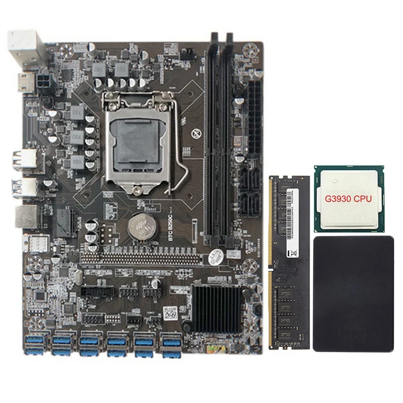 

B250C Mining Motherboard With G3930 CPU+SATA SSD 128G+DDR4 8G 2133Mhz RAM 12XPCIE To USB3.0 Graphics Card Slot For BTC