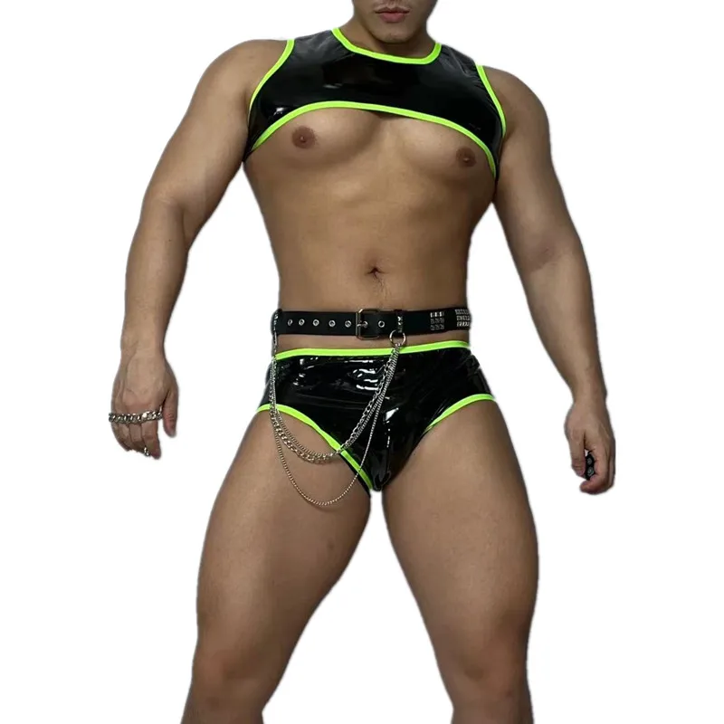 

Bar Nightclub DJ Pole Dance Clothes Male Sexy Stage Wear PU Leather Vest Shorts Belt Gogo Costumes Festival Party Rave Outfit
