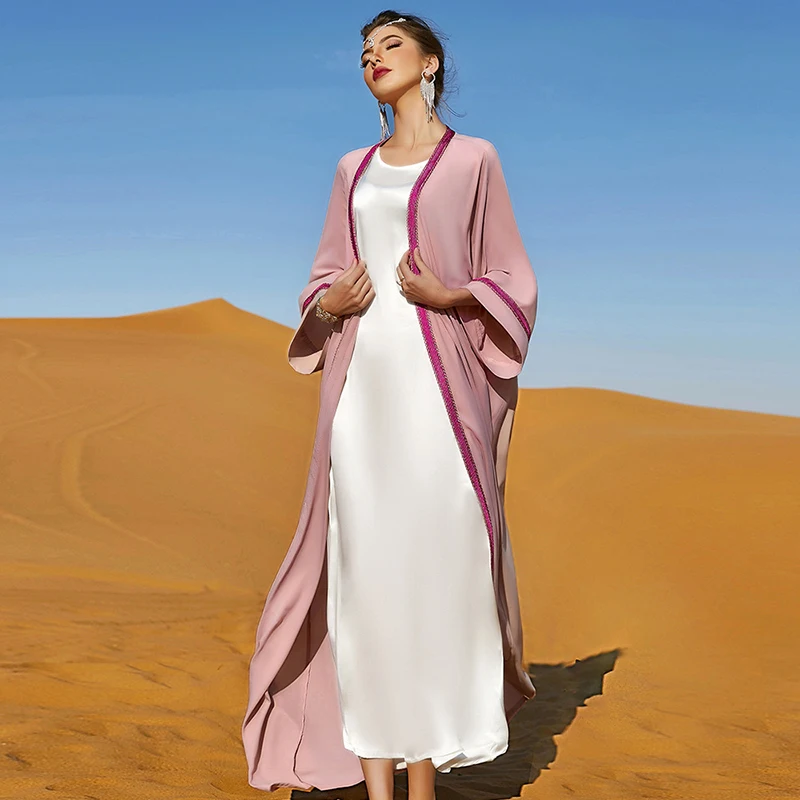 Women Open 2 Piece Abaya Set Dress Pink With Diamonds Belt Solid Color Long Sleeve Maxi Muslim Ramadan Eid Dubai Turkey Dresses