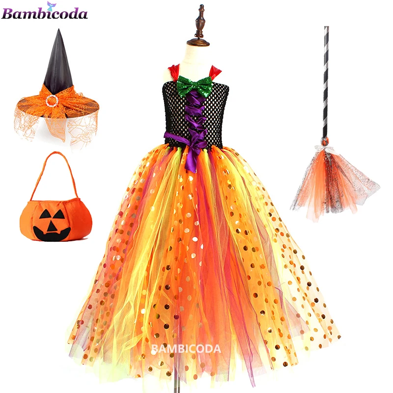 

Детский костюм ведьмы для косплея на Хэллоуин для девочек, платье для подростков и маленьких девочек, платье ведьмы, комплект одежды, шляпа, тыква, сумка
