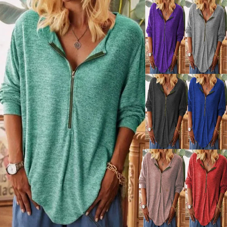

Spring and Autumn Women's New Top Zipper Solid Long Sleeve T-shirt Women Female & Lady Casual Tops