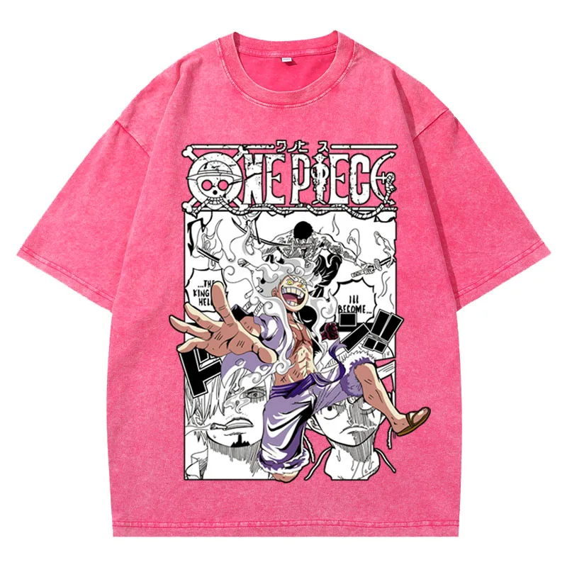Фото Футболка унисекс 2026 One Piece Luffy Gear 5 с винтажным эффектом, принтом аниме и манги, оверсайз, с коротким рукавом, уличная повседневная одежда №4