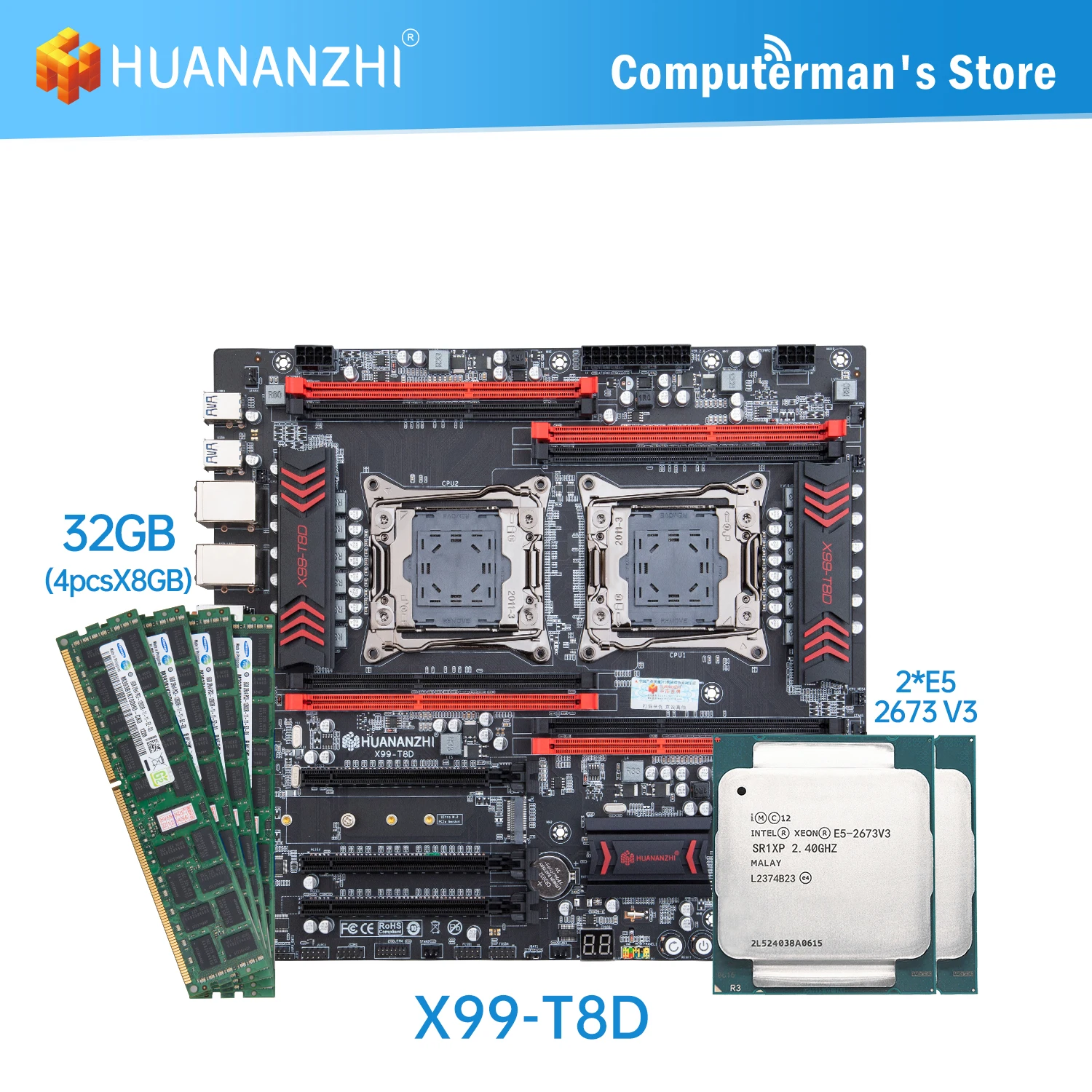 

HUANANZHI X99 T8D X99 Motherboard Intel Dual with Intel XEON E5 2673 V3*2 with 4*8G DDR3 RECC memory combo kit set NVME NGFF