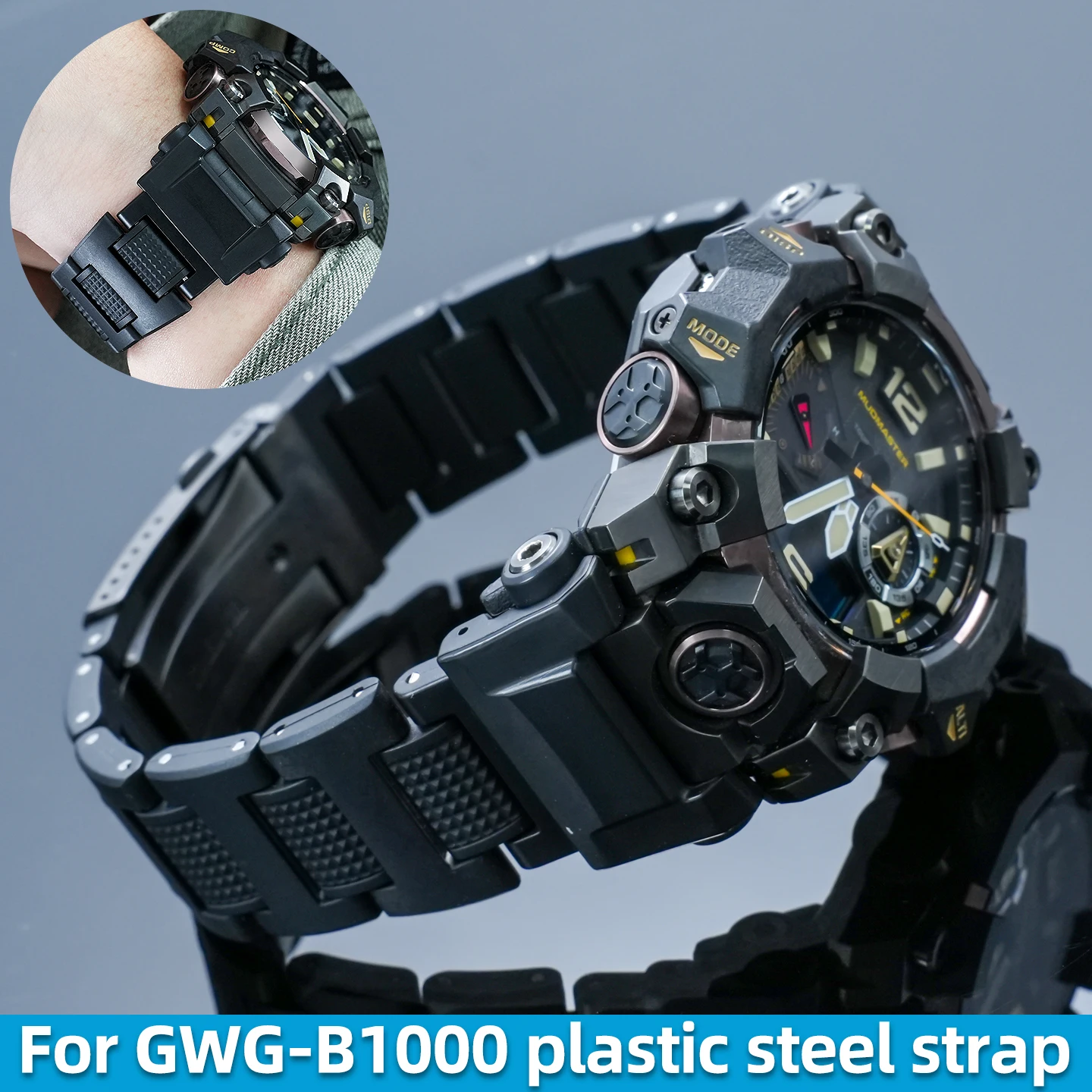 Фото Ремешок GWG B1000 из пластика и стали для часов G-SHOCK Casio Gen3 New Mudmaster 5713 GWG-B1000, удлиненный, черный, модифицированный адаптер №1