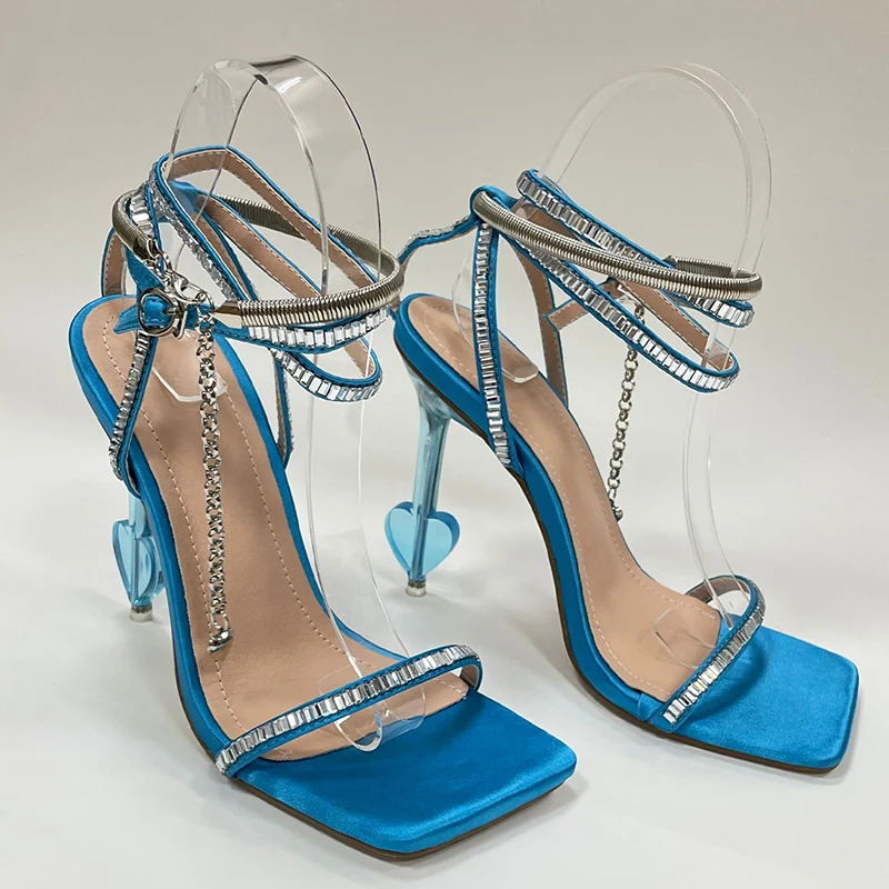 

Party Sandals Big Size High Heels Ladies Square Toe Heels 2022 New Fashion Rhinestones Sexy Ankle Strap Shoes For Women Pumps