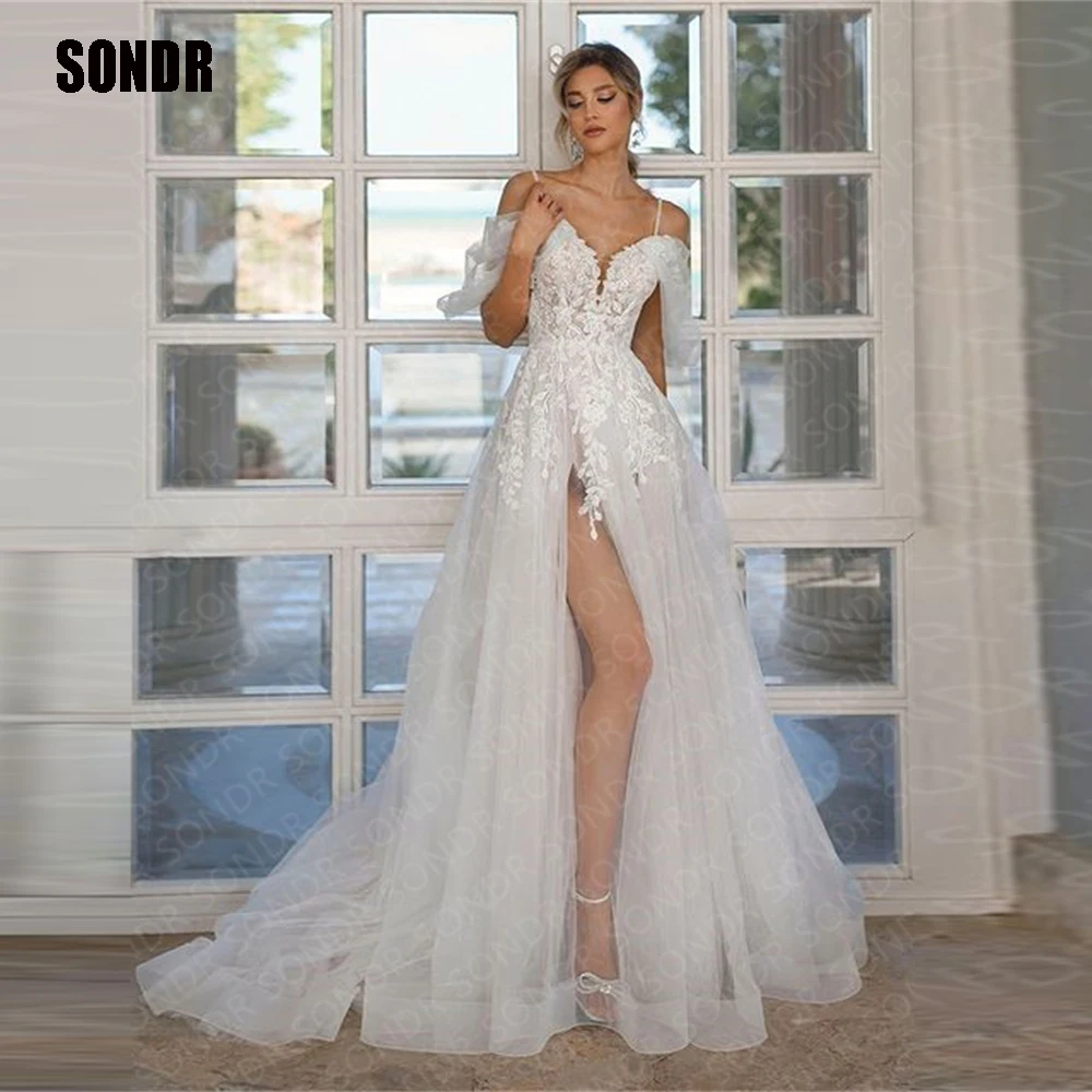 

SONDR Lace Flower Sleeveless A Line Wedding Dresses Spaghetti Straps Formal Princess Bride Bridal Dresses Robes De Soirée Gowns
