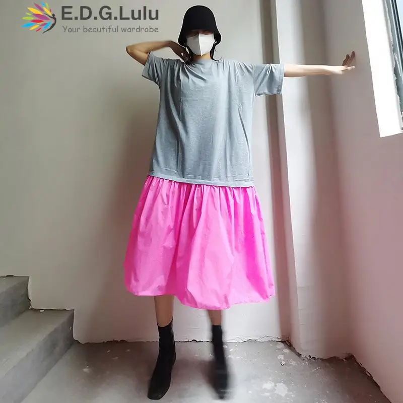 

EDGLuLu 2022 Summer Casual Loose Patchwork Ruffles T Shirt Dress Women O Neck Short Sleeve Oversize Mini Dresses Vestidos 0625