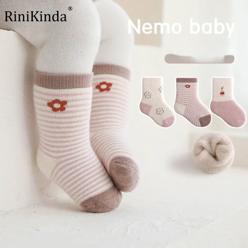 

RiniKinda Baby Socks Winter Thickened Warm Newborn Baby Sock Flowers Boy Girl Middle Tube Socks Infant Clothes Accessories