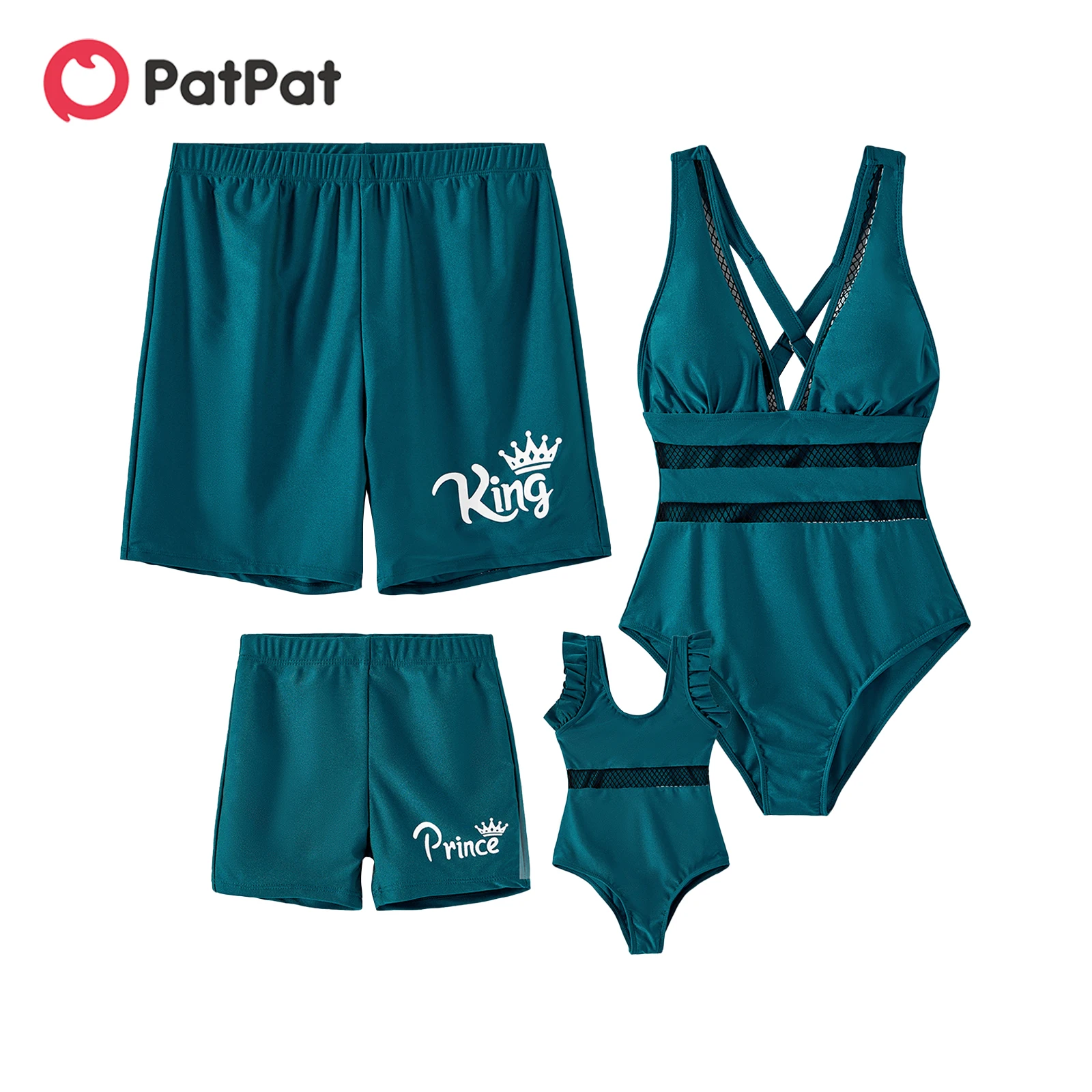

PatPat Family Matching Fishnet Spliced One-Piece Swimsuit and Letter & Crown Print Swim Trunks