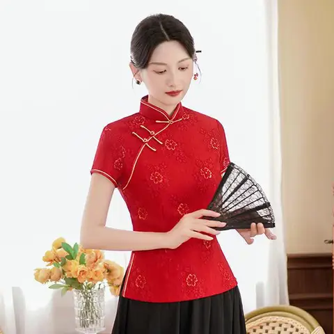 Элегантная блузка в китайском стиле Женская пикантная Кружевная летняя Новинка костюмы винтажная рубашка ханьфу с воротником-стойкой