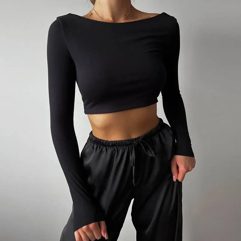 Осень 2024 новая сексуальная однотонная футболка с длинными рукавами и открытой