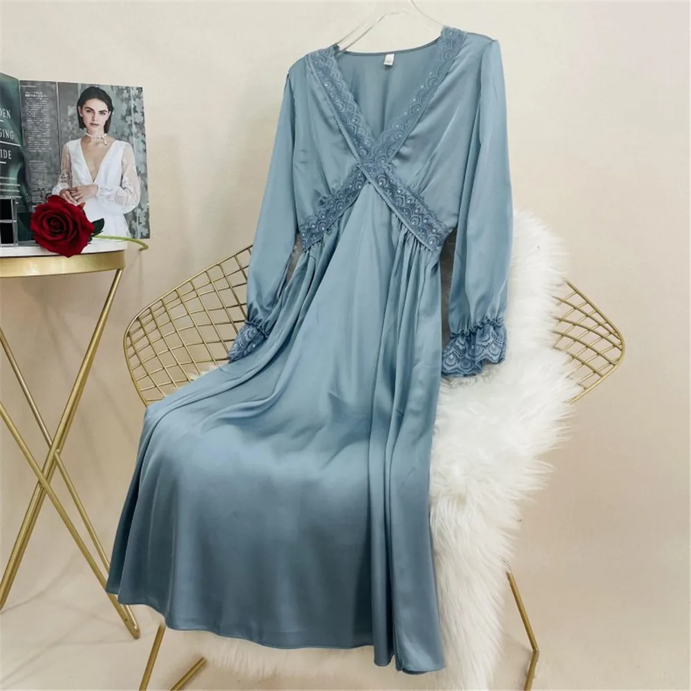 

Summer Sexy Lace Patchwork Satin Long Sleeve Women Nightwear Nightdress Lingerie Silk Ladies Sleepwear