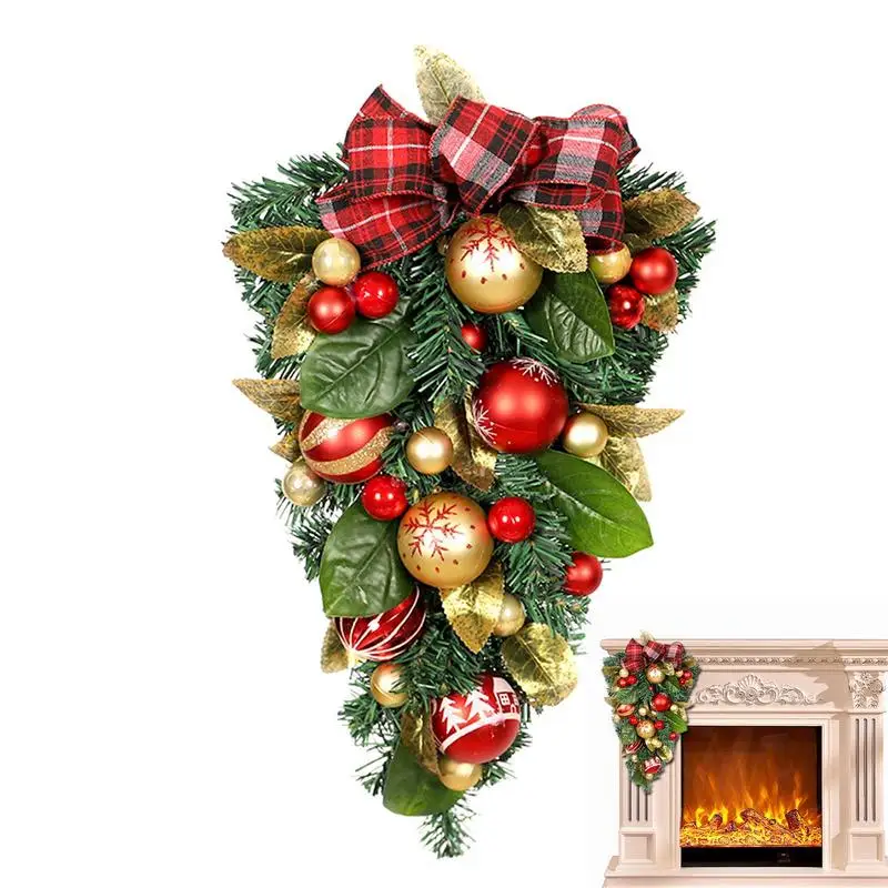 

Christmas Wreath Artificial Pine Tree Christmas Wreath With Green Gold Leaves And Baubles Bow Knot Decor Winter Christmas Home